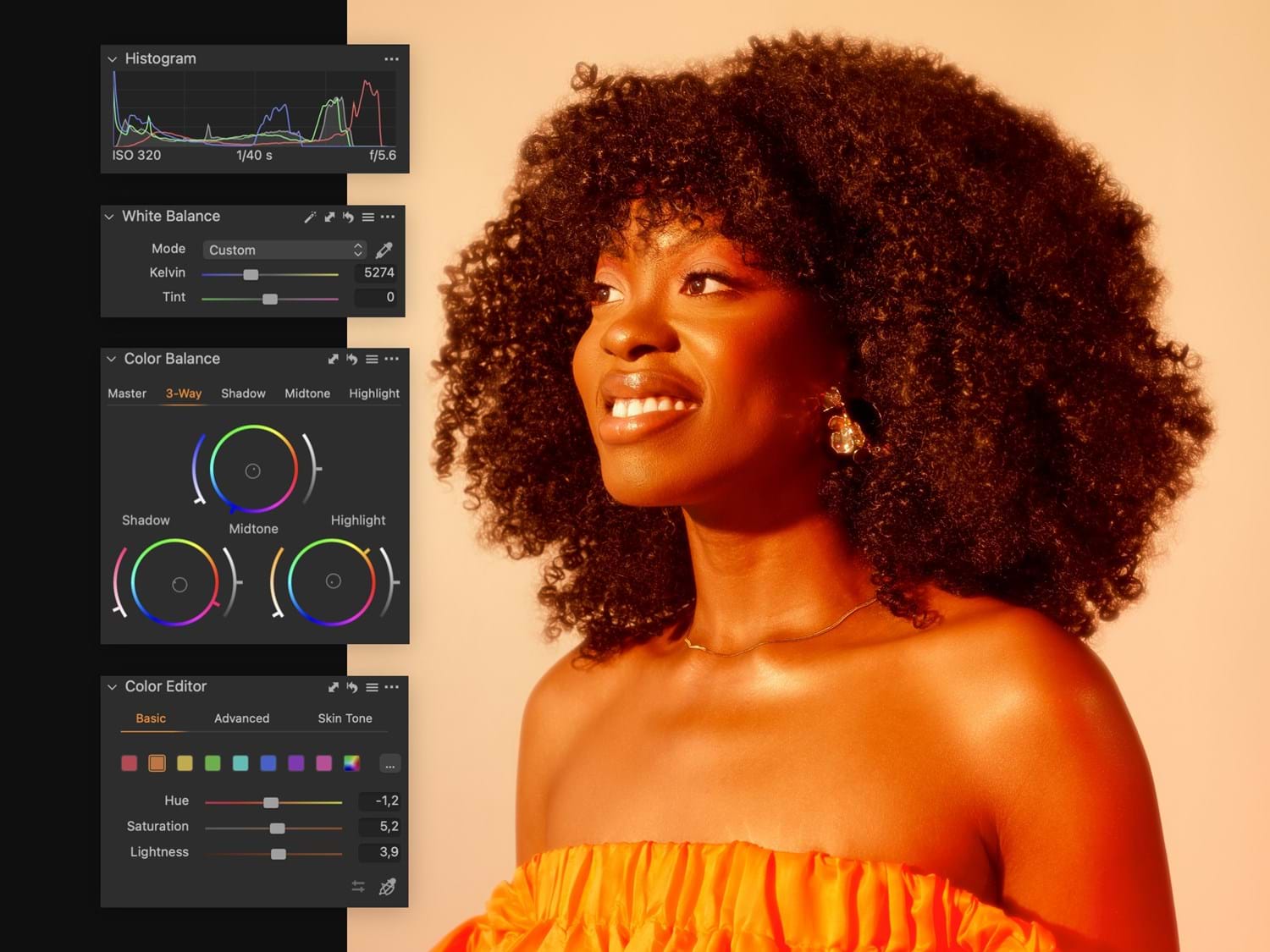 Close-up portrait of a woman next to a series of Capture One editing tools. The portrait emphasizes the need for photos containing faces to apply Smart Adjustments' automated photo editing functionality. 